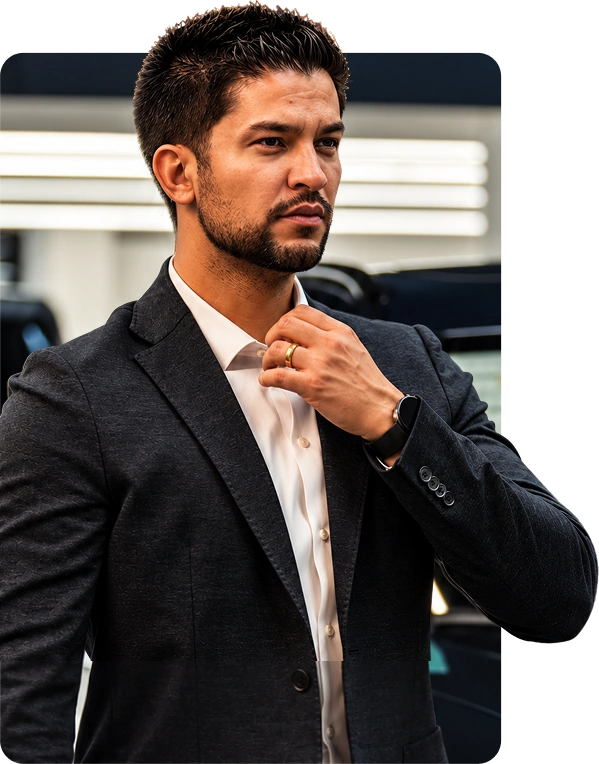 Alex Messias, consultor automotivo, de blazer, ajustando o colarinho no showroom