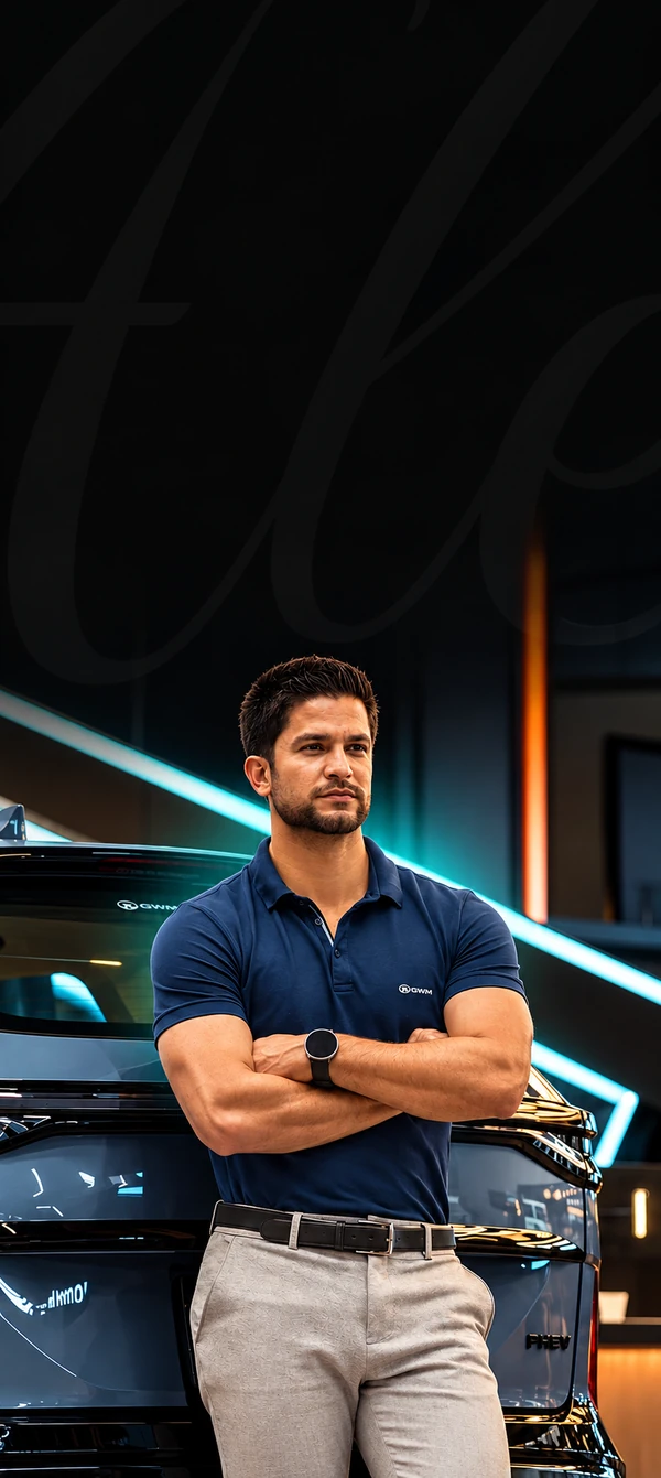 Alex Messias, consultor automotivo, de braços cruzados ao lado de um veículo GWM no showroom